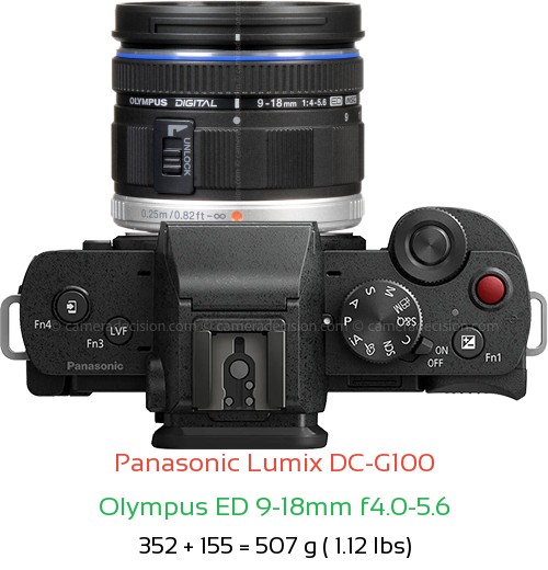 Panasonic G100 with Olympus ED 9-18mm f4.0-5.6 Lens Size