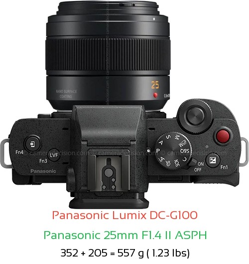 Panasonic G100 with Panasonic 25mm F1.4 II ASPH Lens Size