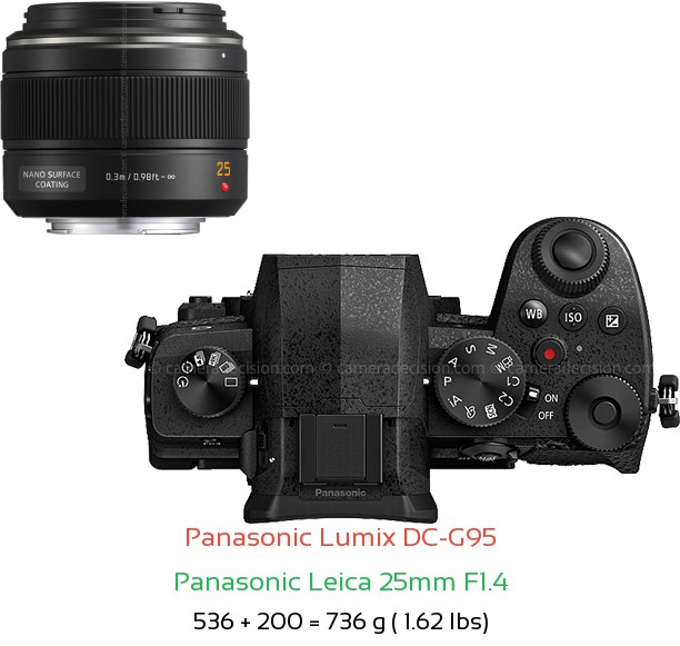 Panasonic G95 with Panasonic Leica 25mm F1.4 Lens Size