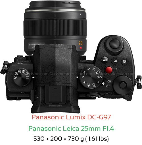 Panasonic G97 with Panasonic Leica 25mm F1.4 Lens Size