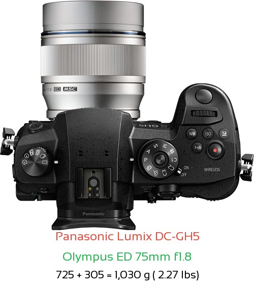 Panasonic GH5 with Olympus ED 75mm f1.8 Lens Size