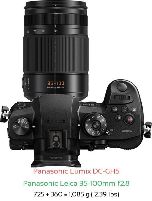 Panasonic GH5 with Panasonic Leica 35-100mm f2.8 Lens Size