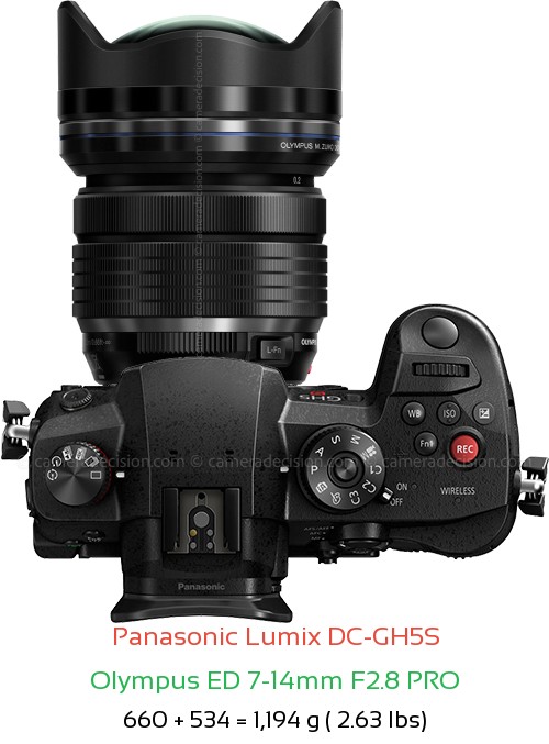 Panasonic GH5S with Olympus ED 7-14mm F2.8 PRO Lens Size