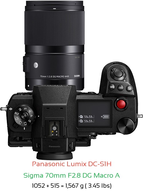 Panasonic S1H with Sigma 70mm F2.8 DG Macro A Lens Size
