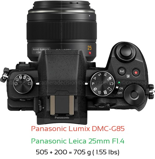 Panasonic G85 with Panasonic Leica 25mm F1.4 Lens Size