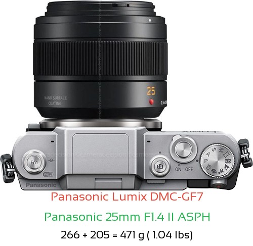 Panasonic GF7 with Panasonic 25mm F1.4 II ASPH Lens Size