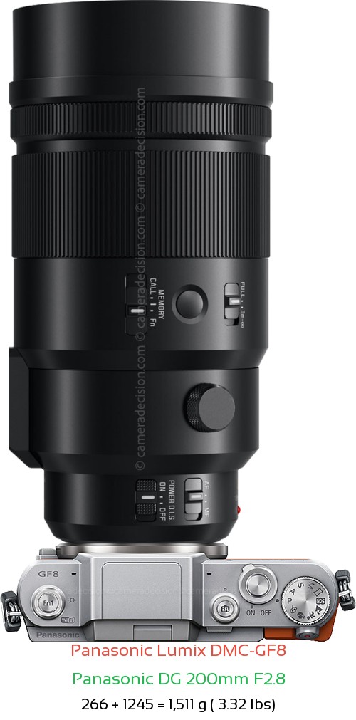 Panasonic GF8 with Panasonic DG 200mm F2.8 Lens Size