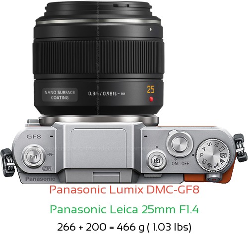 Panasonic GF8 with Panasonic Leica 25mm F1.4 Lens Size