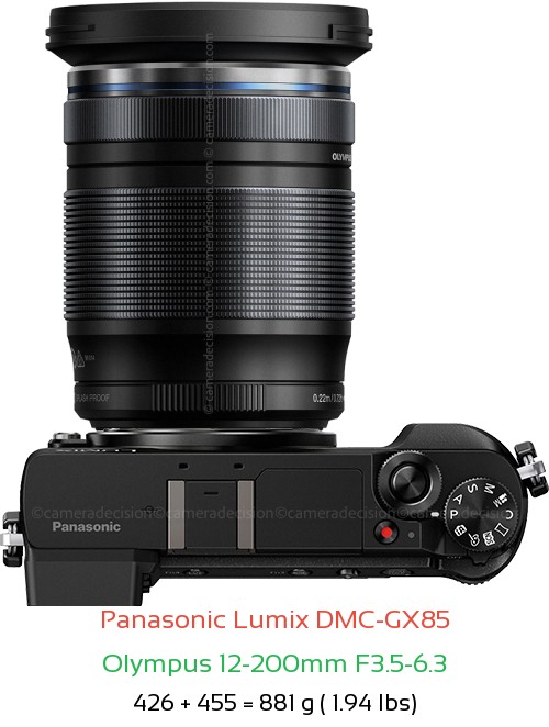 Panasonic GX85 with Olympus 12-200mm F3.5-6.3 Lens Size
