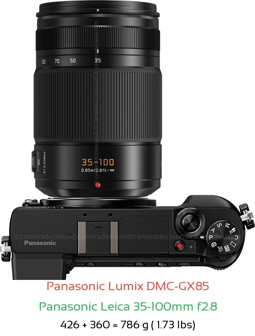 Panasonic GX85 with Panasonic Leica 35-100mm f2.8 Lens Size