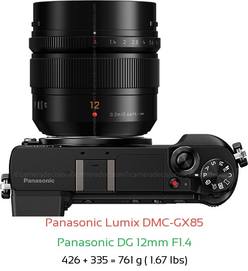 Panasonic GX85 with Panasonic DG 12mm F1.4 Lens Size