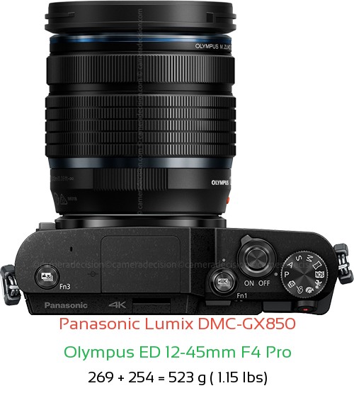 Panasonic GX850 with Olympus ED 12-45mm F4 Pro Lens Size