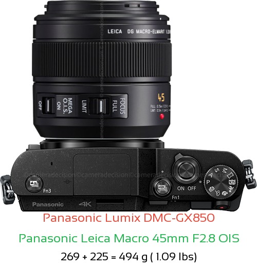 Panasonic GX850 with Panasonic Leica Macro 45mm F2.8 OIS Lens Size