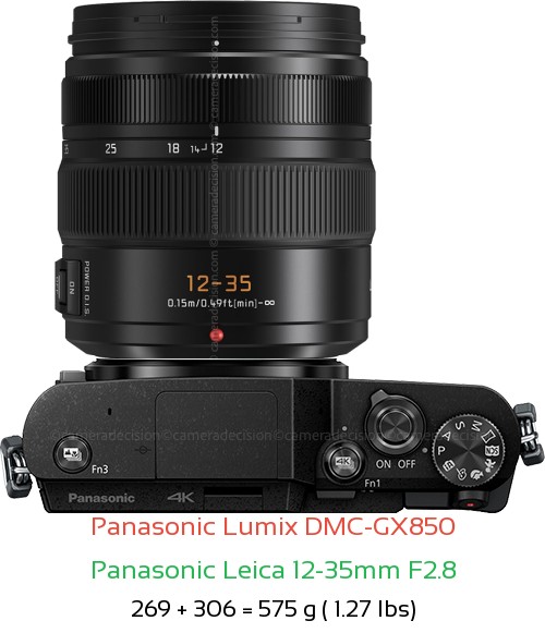 Panasonic GX850 with Panasonic Leica 12-35mm F2.8 Lens Size