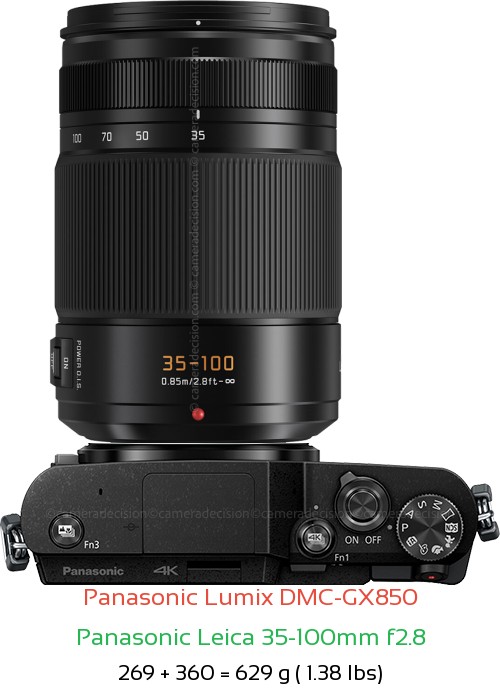 Panasonic GX850 with Panasonic Leica 35-100mm f2.8 Lens Size