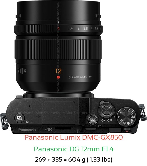 Panasonic GX850 with Panasonic DG 12mm F1.4 Lens Size