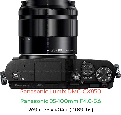 Panasonic GX850 with Panasonic 35-100mm F4.0-5.6 Lens Size