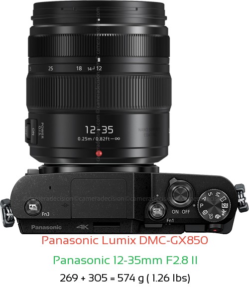 Panasonic GX850 with Panasonic 12-35mm F2.8 II Lens Size
