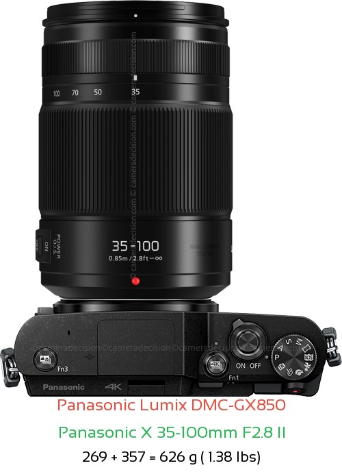 Panasonic GX850 with Panasonic X 35-100mm F2.8 II Lens Size