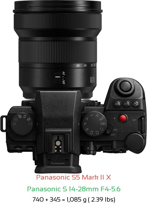 Panasonic S5 II X with Panasonic S 14-28mm F4-5.6 Lens Size