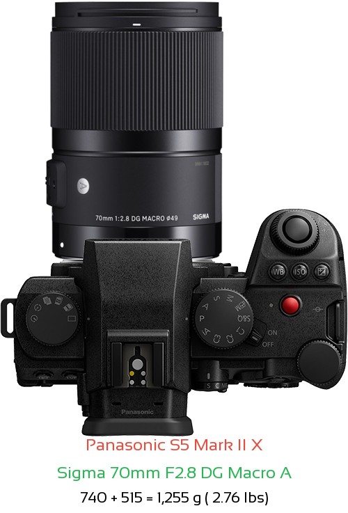 Panasonic S5 II X with Sigma 70mm F2.8 DG Macro A Lens Size