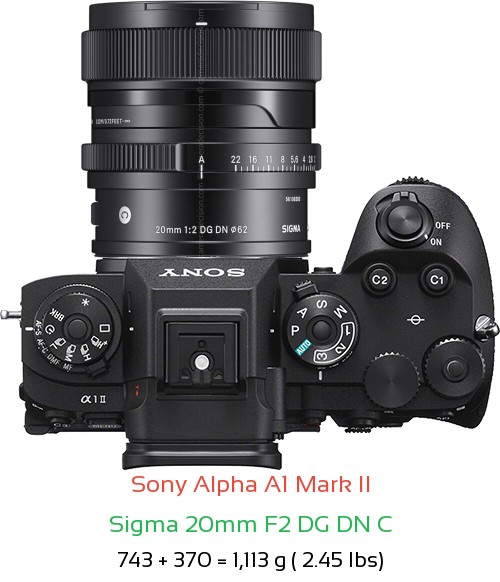Sony A1 II with Sigma 20mm F2 DG DN C Lens Size