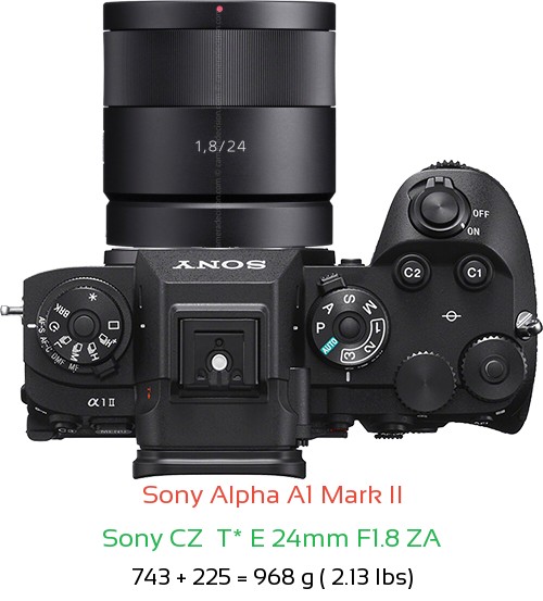 Sony A1 II with Sony CZ  T* E 24mm F1.8 ZA Lens Size