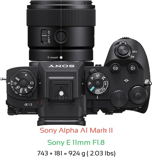 Sony A1 II with Sony E 11mm F1.8 Lens Size