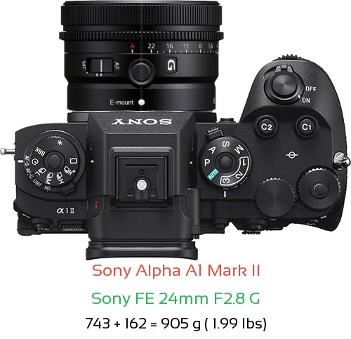 Sony A1 II with Sony FE 24mm F2.8 G Lens Size