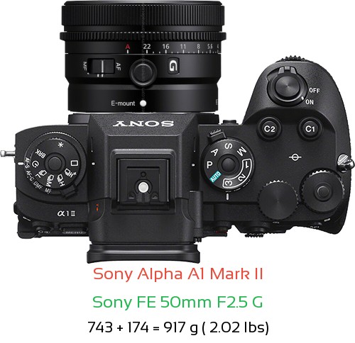Sony A1 II with Sony FE 50mm F2.5 G Lens Size