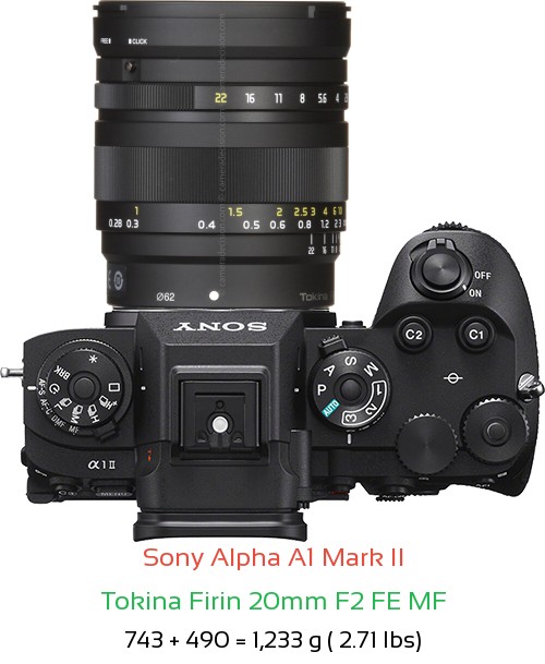 Sony A1 II with Tokina Firin 20mm F2 FE MF Lens Size