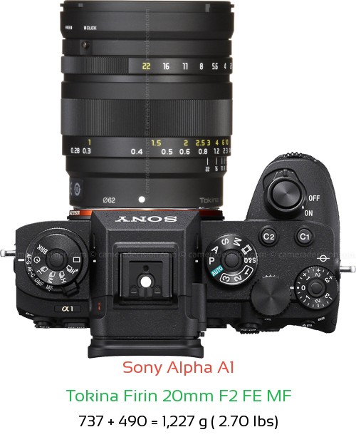Sony A1 with Tokina Firin 20mm F2 FE MF Lens Size