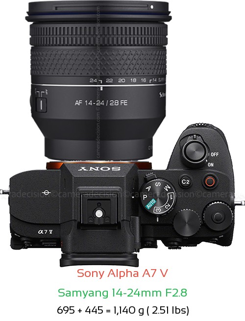 Sony A7 V with Samyang 14-24mm F2.8 Lens Size