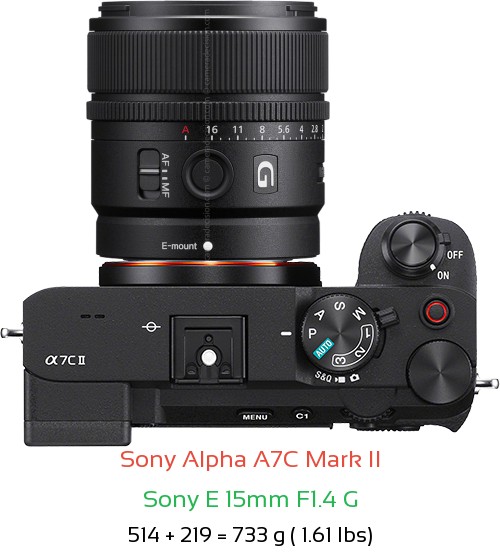 Sony A7C II with Sony E 15mm F1.4 G Lens Size