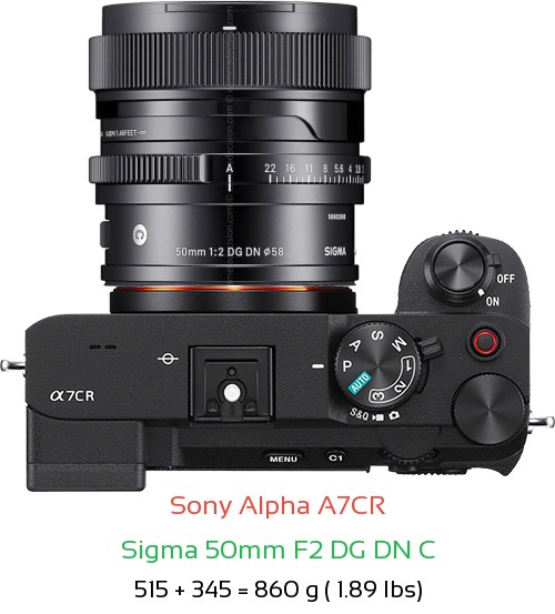 Sony A7CR with Sigma 50mm F2 C Lens Size