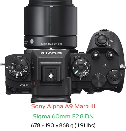 Sony A9 III with Sigma 60mm F2.8 DN Lens Size