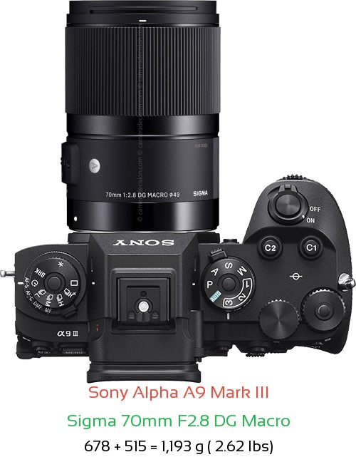 Sony A9 III with Sigma 70mm F2.8 DG Macro Lens Size