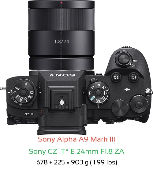 Sony A9 III with Sony CZ  T* E 24mm F1.8 ZA Lens Size