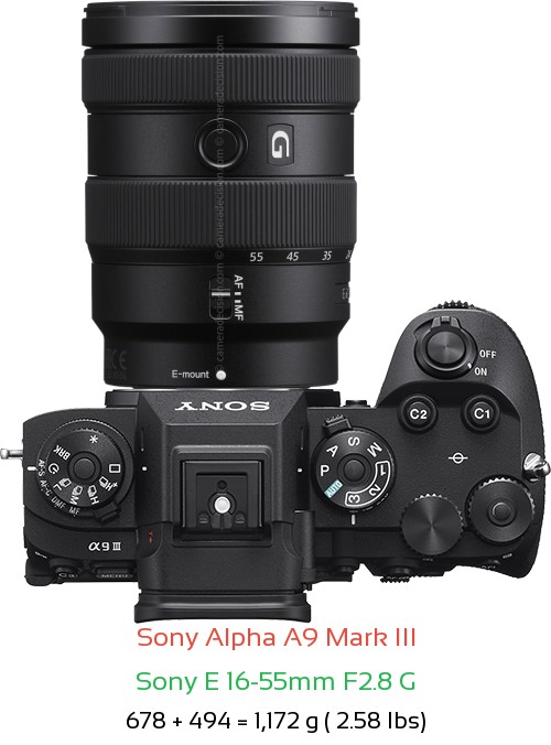 Sony A9 III with Sony E 16-55mm F2.8 G Lens Size