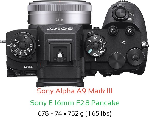 Sony A9 III with Sony E 16mm F2.8 Pancake Lens Size