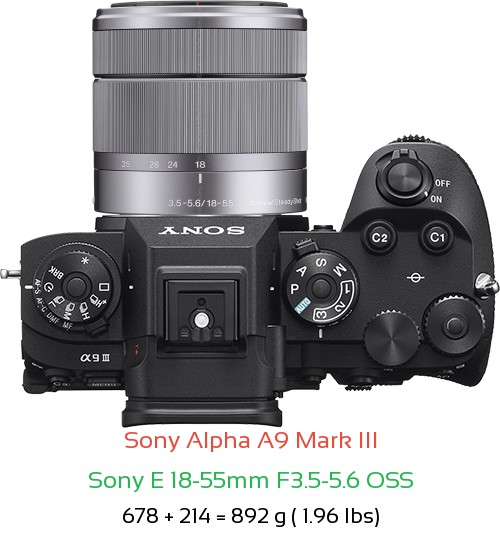 Sony A9 III with Sony E 18-55mm F3.5-5.6 OSS Lens Size
