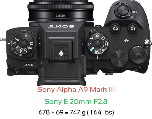 Sony A9 III with Sony E 20mm F2.8 Lens Size