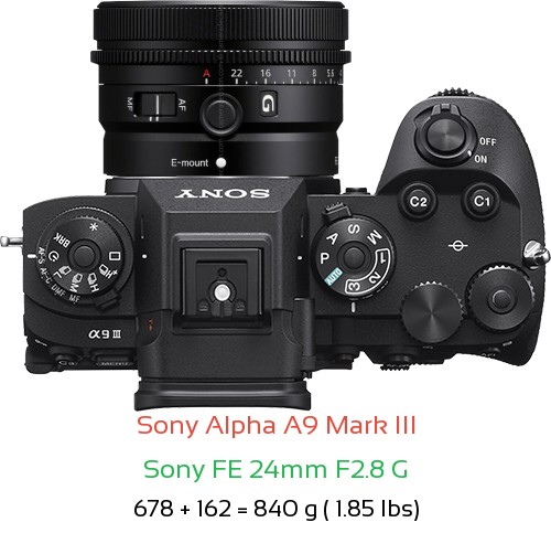 Sony A9 III with Sony FE 24mm F2.8 G Lens Size