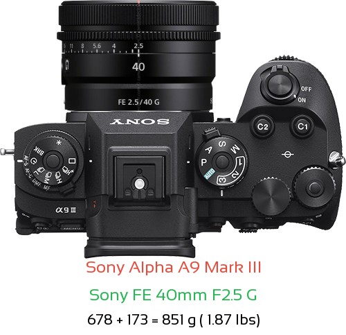 Sony A9 III with Sony FE 40mm F2.5 G Lens Size