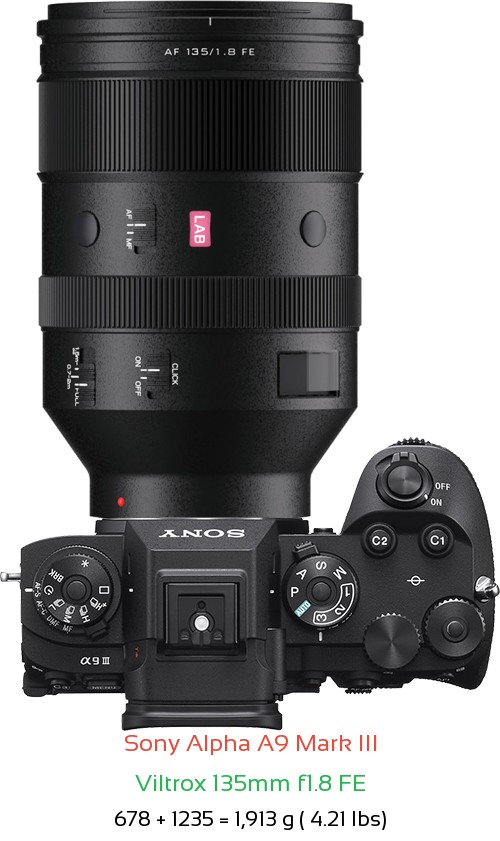 Sony A9 III with Viltrox 135mm f1.8 FE Lens Size