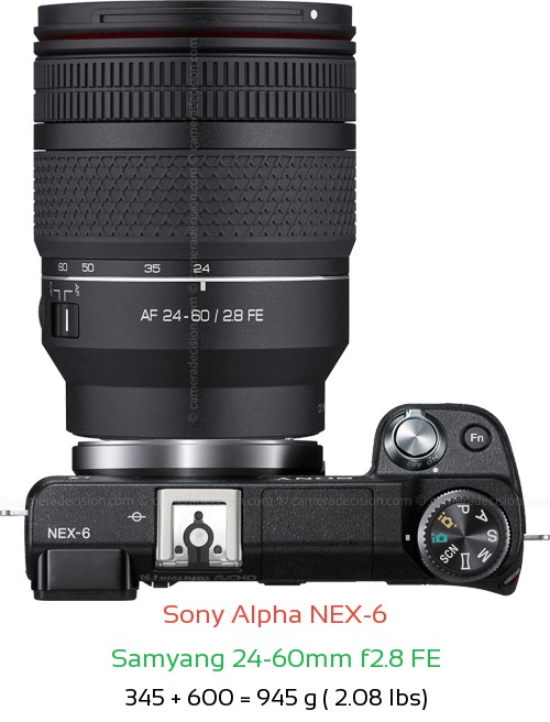 Sony NEX-6 with Samyang 24-60mm f2.8 FE Lens Size