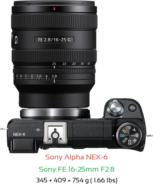 Sony NEX-6 with Sony FE 16-25mm F2.8 Lens Size