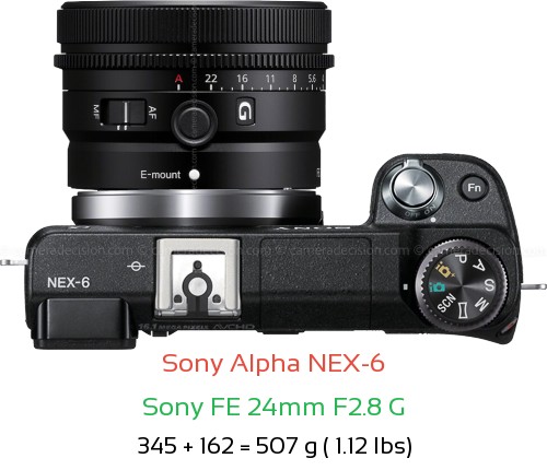 Sony NEX-6 with Sony FE 24mm F2.8 G Lens Size