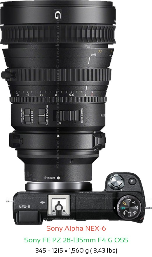 Sony NEX-6 with Sony FE PZ 28-135mm F4 G Lens Size