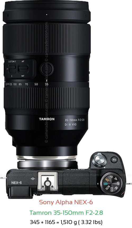 Sony NEX-6 with Tamron 35-150mm F2-2.8 Lens Size